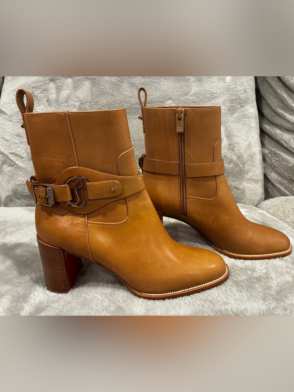 Christian Louboutin Tan Leather Block Heel Ankle Boots